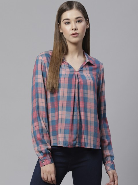 

The Roadster Lifestyle Co Women Teal Blue & Pink Checked Sustainable Top