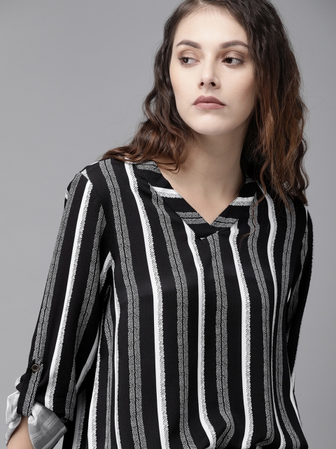 

Roadster Sustainable ECOVERO Women Black & White Striped Regular Top