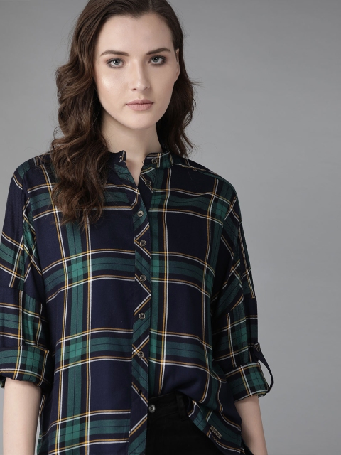 

Roadster Women Navy Blue & Green Boxy Fit Checked Casual Shirt