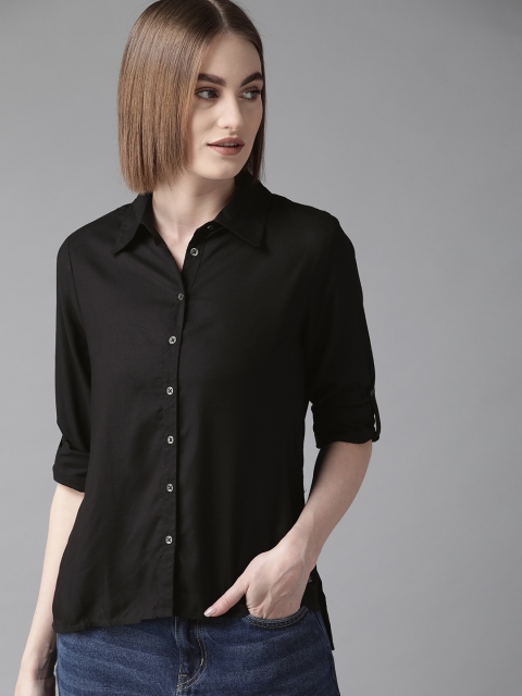 

The Roadster Lifestyle Co Women Black Regular Fit Solid High-Low Casual Sustainable Shirt
