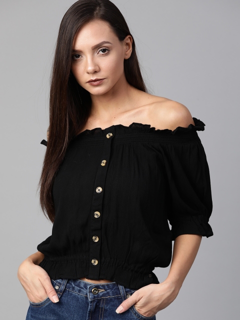 

Roadster Women Black Solid Crinkled Ruffled Bardot Sustainable Top