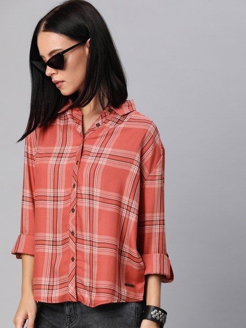 

Roadster Women Rust Pink & White Regular Fit Checked Casual Sustainable Shirt