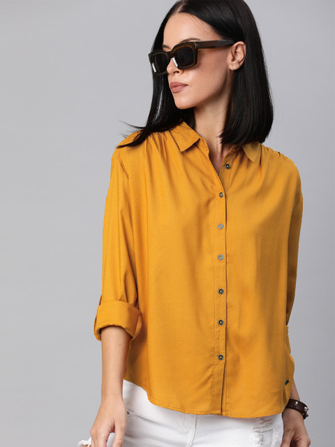 

The Roadster Lifestyle Co Women Mustard Yellow Regular Fit Solid Casual Sustainable Shirt