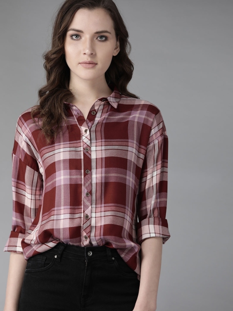 

The Roadster Lifestyle Co Women Maroon & Pink Boxy Fit Checked Casual Shirt