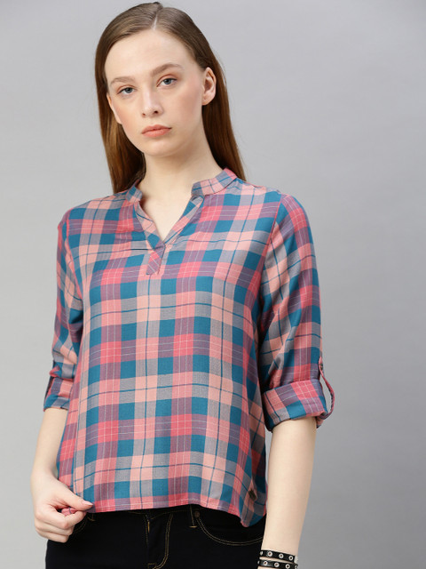 

The Roadster Lifestyle Co Women Peach-Coloured & Blue Checked Plaid High-Low Top