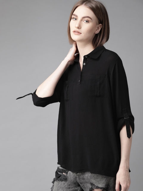 

The Roadster Lifestyle Co Women Black Solid Shirt Style Sustainable Top