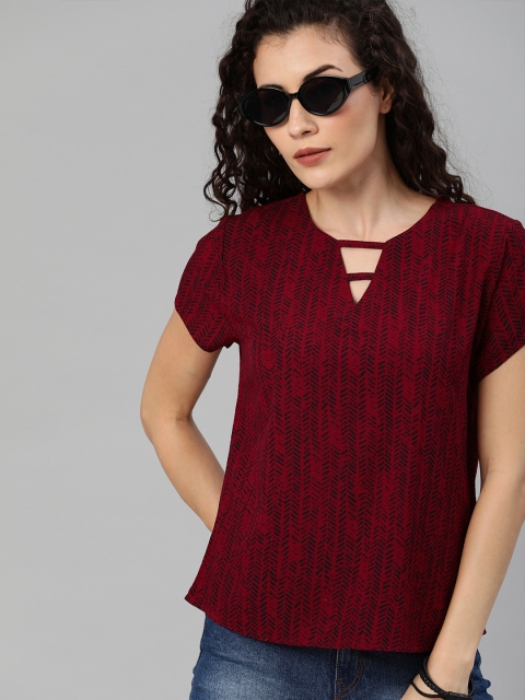 

Roadster Sustainable ECOVERO Women Red & Black Printed Key-Hole Neck Top