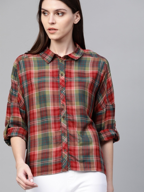 

The Roadster Lifestyle Co Women Red & Green Boxy Checked Casual Sustainable Shirt