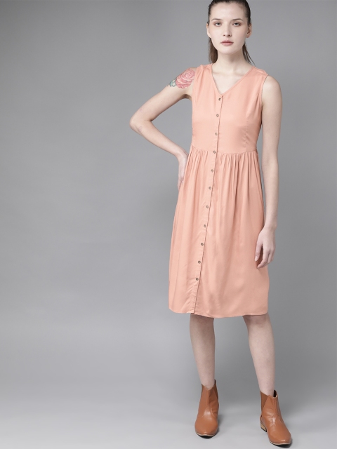 

Roadster GreenTurn Women Peach-Coloured Solid A-Line Sustainable Dress