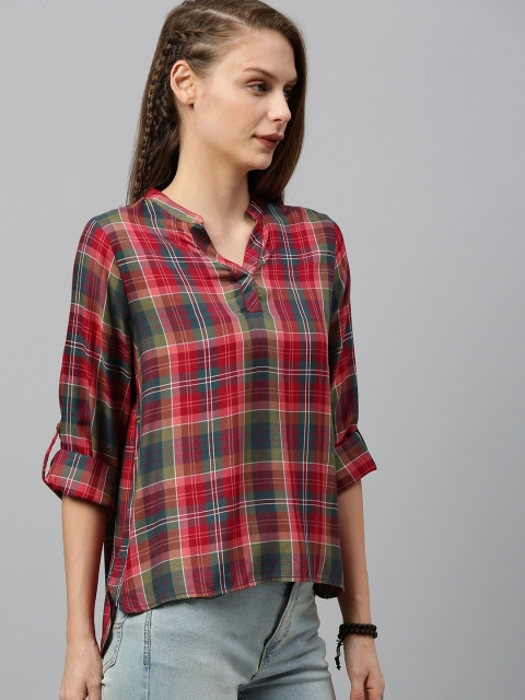 

The Roadster Lifestyle Co Women Red & Olive Green Checked High-Low Sustainable Top