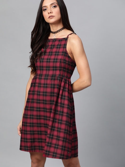 

The Roadster Lifestyle Co Women Red & Black Checked Fit and Flare Dress