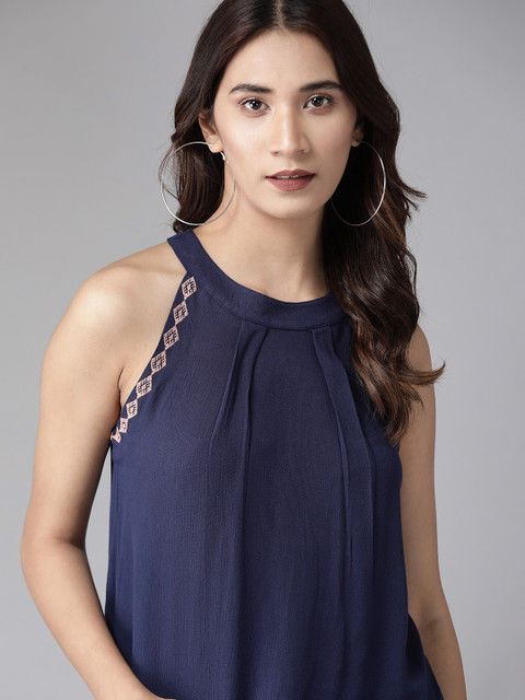 

Roadster ECOVERO Greenturn Women Navy Blue Solid Sustainable Top with Embroidered Detail