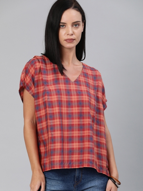 

The Roadster Lifestyle Co Women Red & Blue Checked Boxy Pure Cotton Top