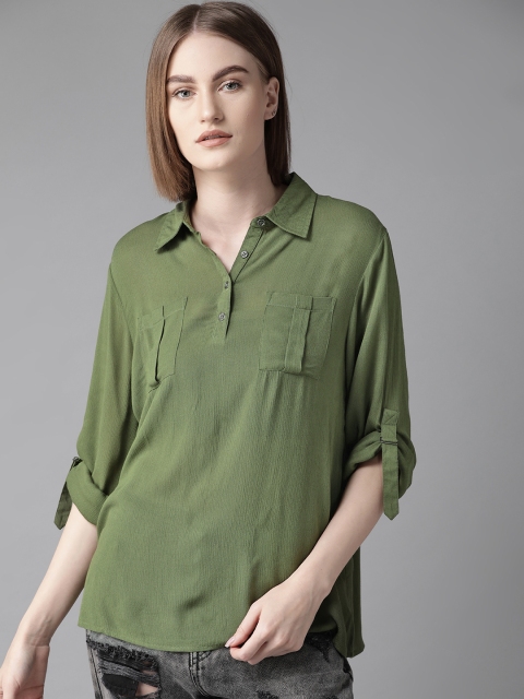 

Roadster Women Olive Green Solid Shirt Style Top