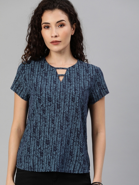 

Roadster Sustainable ECOVERO Women Navy Blue Printed Key-Hole Neck Top