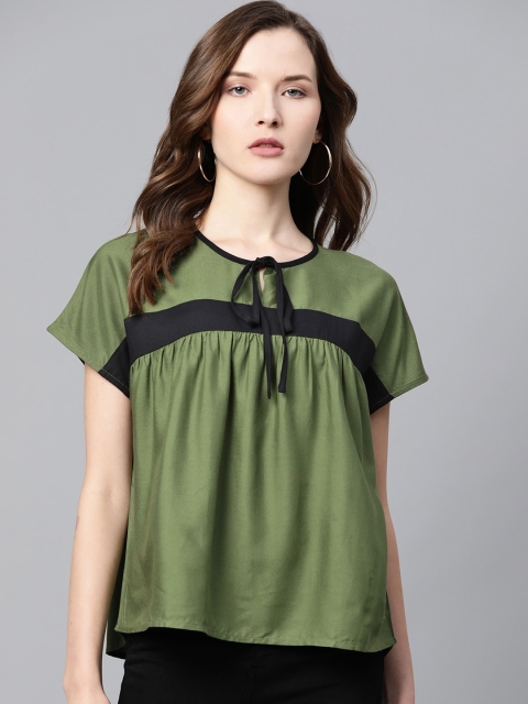 

Roadster Women Olive Green Solid Boxy Sustainable Top
