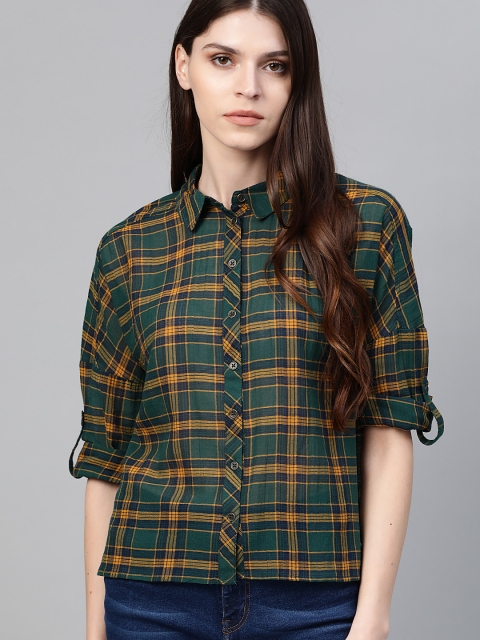 

The Roadster Lifestyle Co Women Green & Mustard Yellow Boxy Checked Casual Shirt