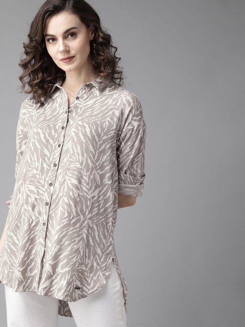 

Roadster Women Taupe & White Boxy Printed Casual Longline Shirt
