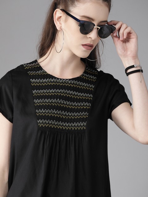 

The Roadster Lifestyle Co ECOVERO Greenturn Women Black Smocked Sustainable Top