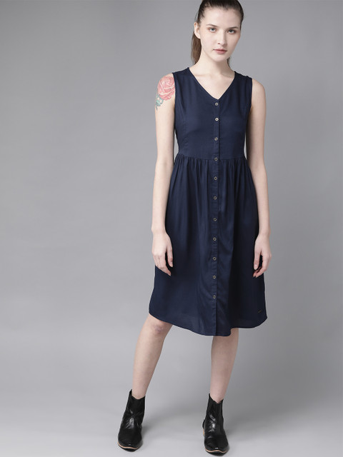 

The Roadster Lifestyle Co GreenTurn Women Navy Blue Solid A-Line Sustainable ECOVERO Dress