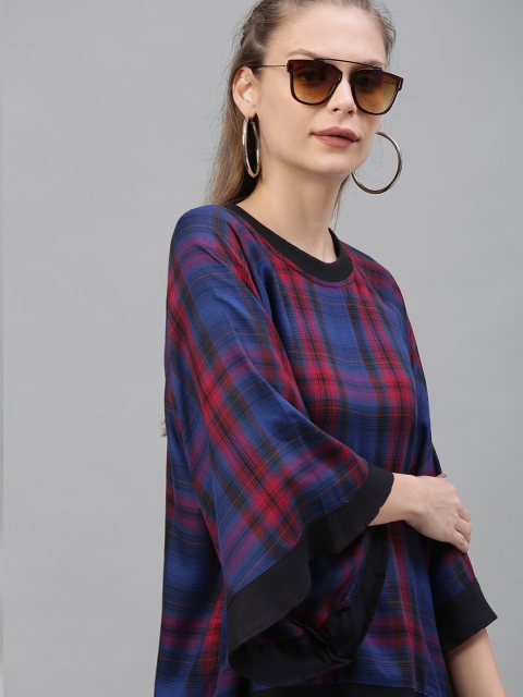 

The Roadster Lifestyle Co Women Navy Blue & Red Checked Boxy Top