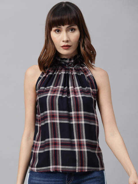 

Roadster Women Navy Blue & Pink Checked Top