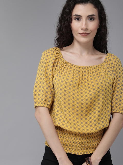 

The Roadster Lifestyle Co ECOVERO Greenturn Women Yellow Checked Blouson Sustainable Top with Smocked Waist