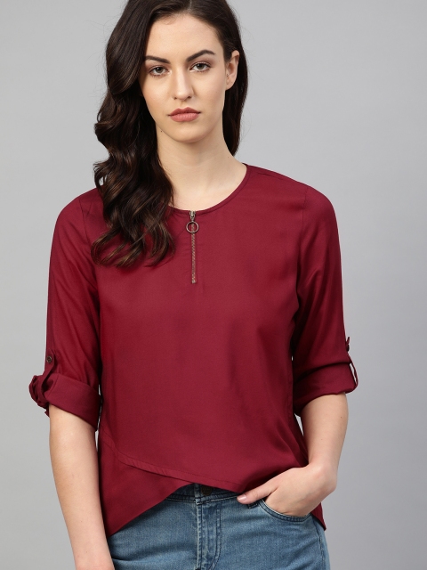 

The Roadster Lifestyle Co Sustainable ECOVERO Women Maroon Solid High-Low Top