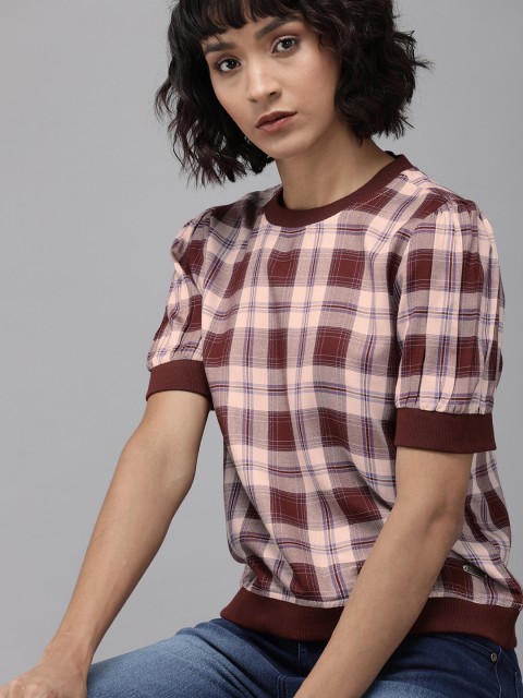 

Roadster Women Pink & Burgundy Checked Top With Puff Sleeves