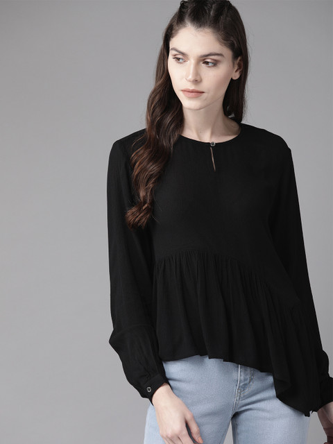 

Roadster Women Black Solid Asymmetric Hem A-Line Top