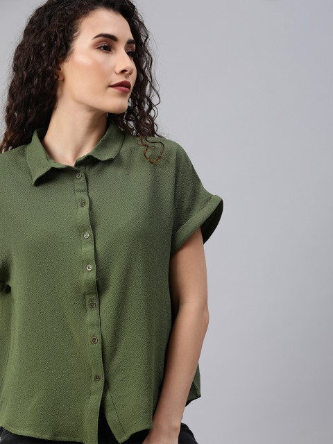 

Roadster Women Olive Green Regular Fit Solid Casual Shirt