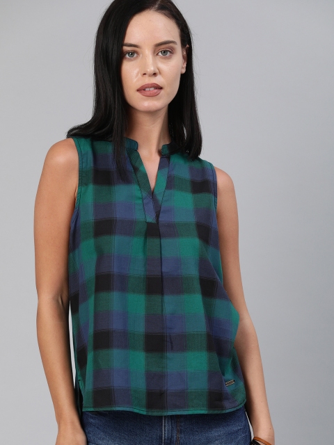 

Roadster Women Teal Green & Blue Checked Top