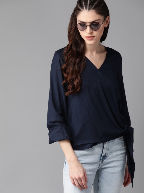 

The Roadster Lifestyle Co Women Navy Blue Solid Wrap Top