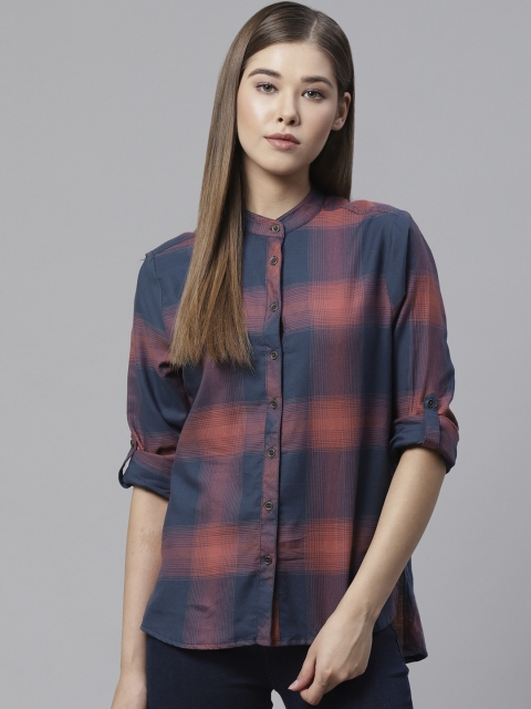 

The Roadster Lifestyle Co Women Navy Blue & Rust Red Regular Fit Checked Casual Shirt