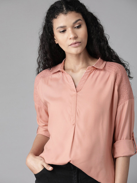

The Roadster Lifestyle Co ECOVERO Greenturn Women Dusty Pink Smocked Detail Solid Sustainable Top