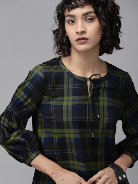 

The Roadster Lifestyle Co Sustainable ECOVERO Women Olive Green & Black Checked Plaid Puffed Sleeve Pure Cotton Top