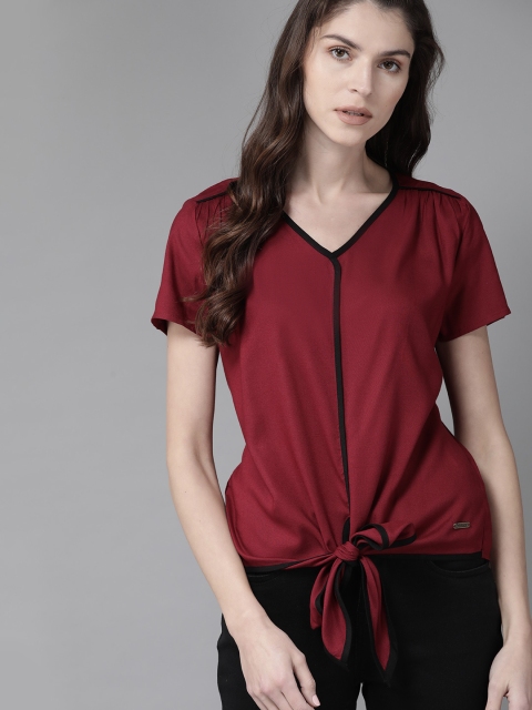 

The Roadster Lifestyle Co Women Maroon Solid Top With Waist Tie-Up Detail