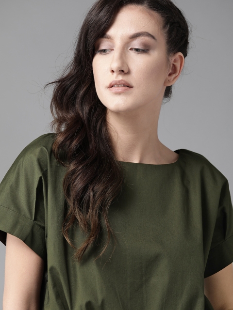 

The Roadster Lifestyle Co Women Olive Green Solid Pure Cotton Smocked Front Hem High-low Top