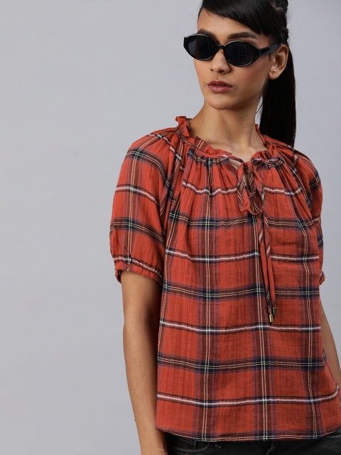 

Roadster Women Rust Orange & Charcoal Grey Checked Top With Ruffled Tie-Up Neck