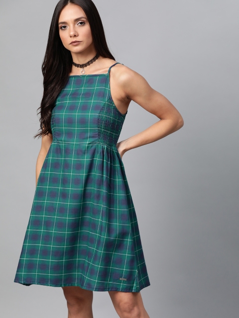 

The Roadster Lifestyle Co Women Green & Navy Blue Smocked Detail Checked A-Line Dress