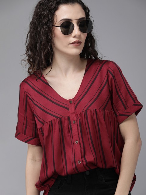 

Roadster Sustainable ECOVERO Women Maroon & Black Striped Top