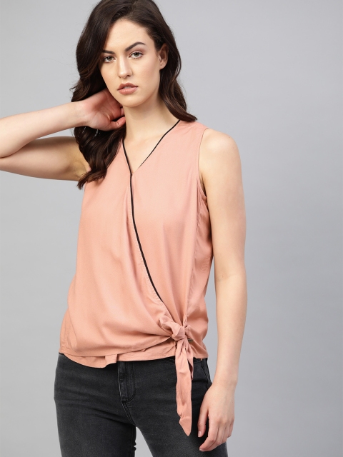 

The Roadster Lifestyle Co Women Peach-Coloured Solid Wrap Sustainable Top