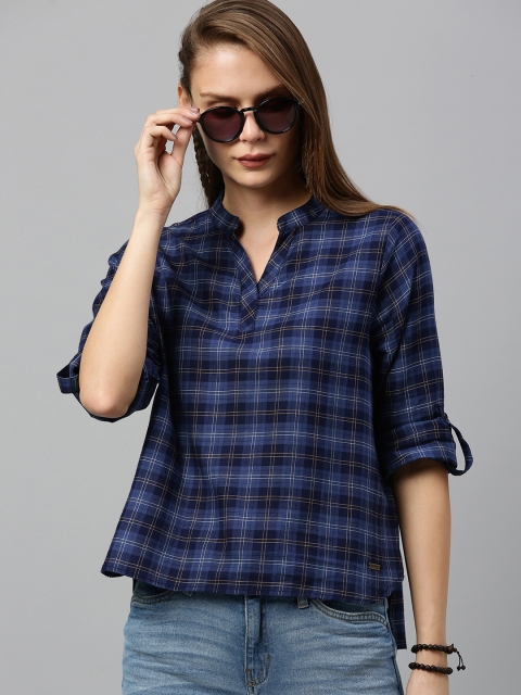 

Roadster Women Blue & Black Checked Roll-Up Sleeved Top