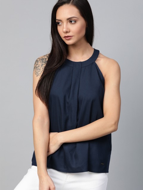 

Roadster Women Navy Blue Solid Pleated Sustainable Top