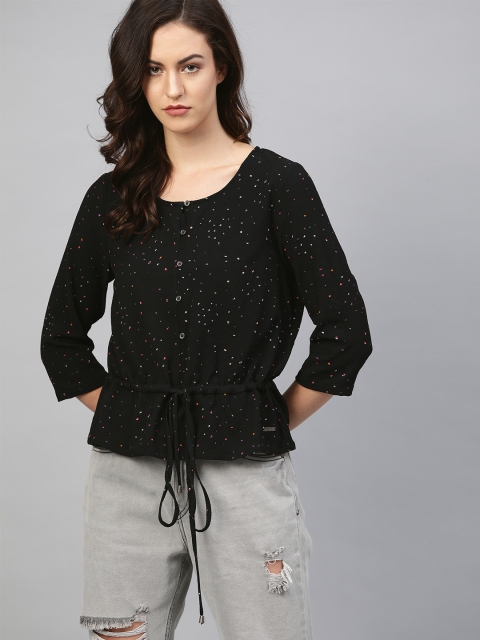 

The Roadster Lifestyle Co Women Black Speckled Cinched Waist Top