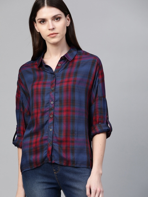 

The Roadster Lifestyle Co Women Navy Blue & Maroon Boxy Fit Checked Casual Sustainable Shirt