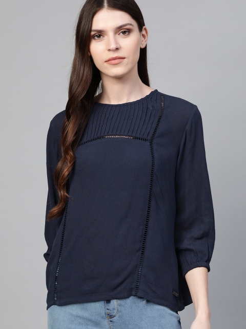 

The Roadster Lifestyle Co Women Navy Blue Solid Sustainable Top