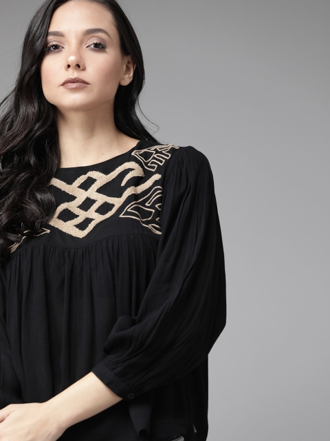 

The Roadster Lifestyle Co Greenturn Women Black & Beige Embroidered A-Line Sustainable Top