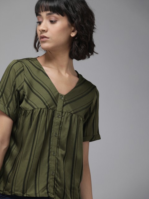 

The Roadster Lifestyle Co Sustainable ECOVERO Women Olive Green & Black Striped Top