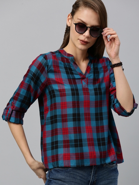 

Roadster Women Teal Blue & Red Checked Antiviral Protective Finish Shirt Style Top